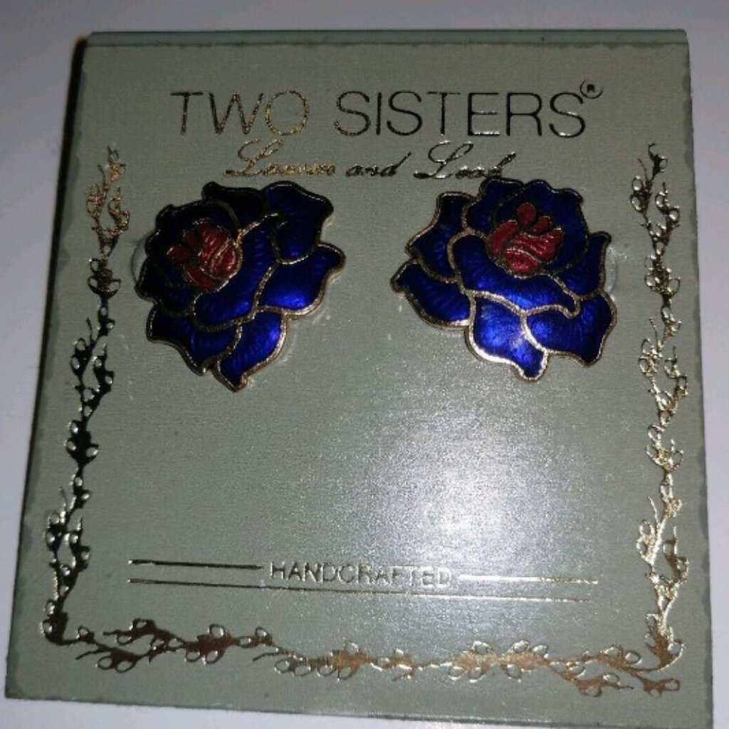 Two Sisters Nos Pink Blue Floral Enamel Art Deco Pierced Earrings Hand Crafted